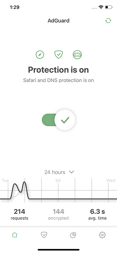 The main screen of AdGuard for iOS