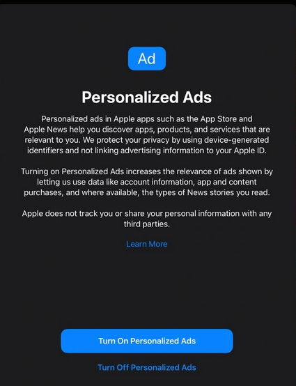 Appleの自社アプリもユーザーにパーソナライズされた広告を提供するには許可を得る必要がある
