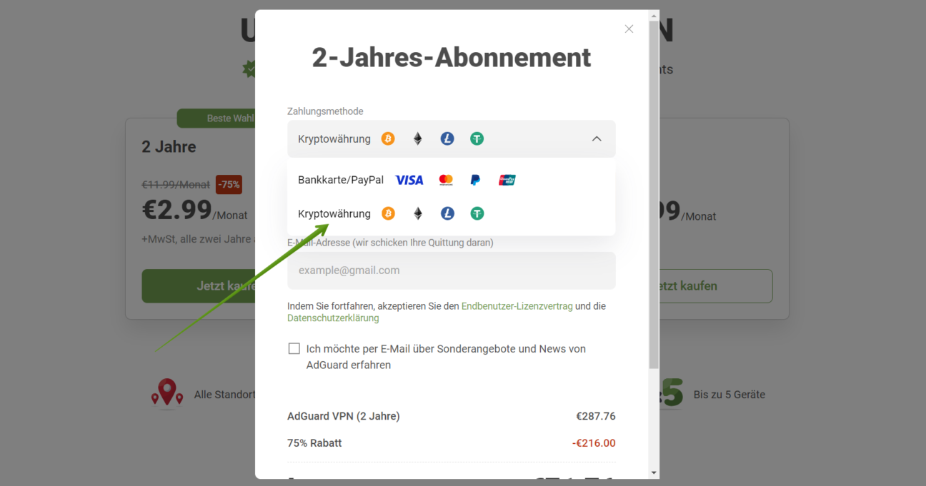 Kryptowährungen auf der Website von AdGuard VPN