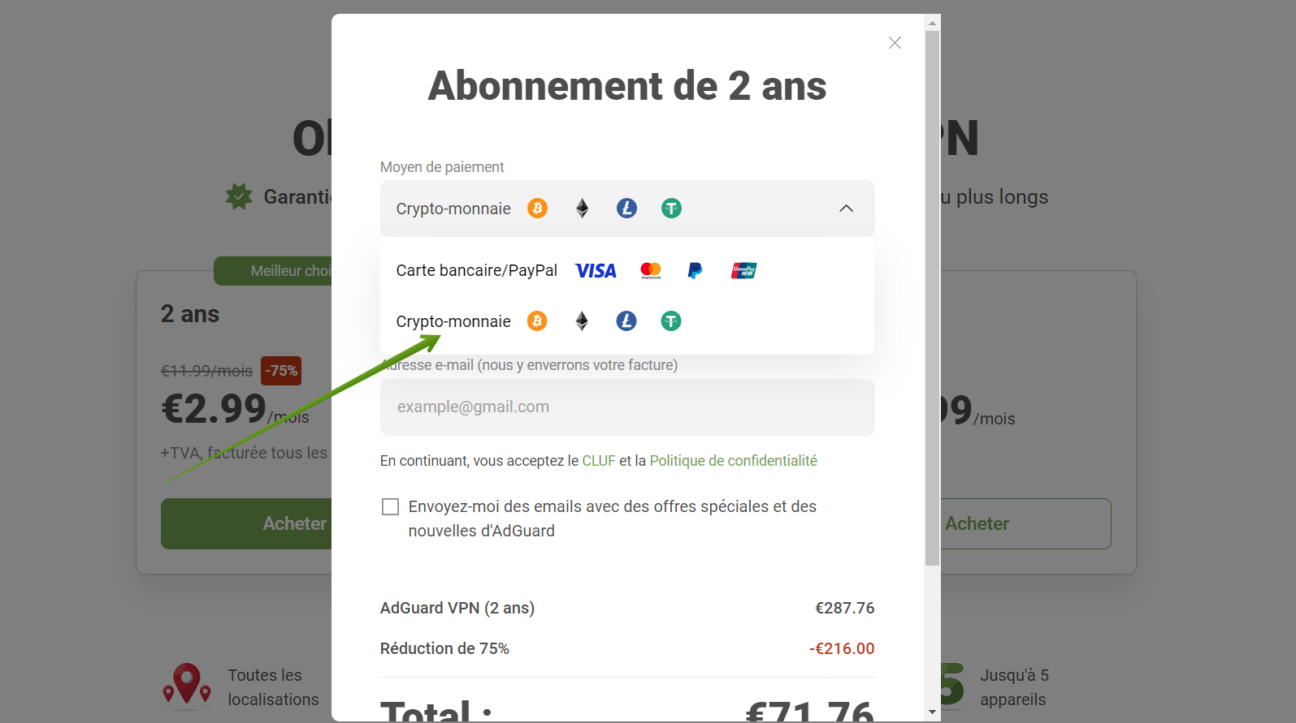 Cryptomonnaie osur le site web AdGuard VPN