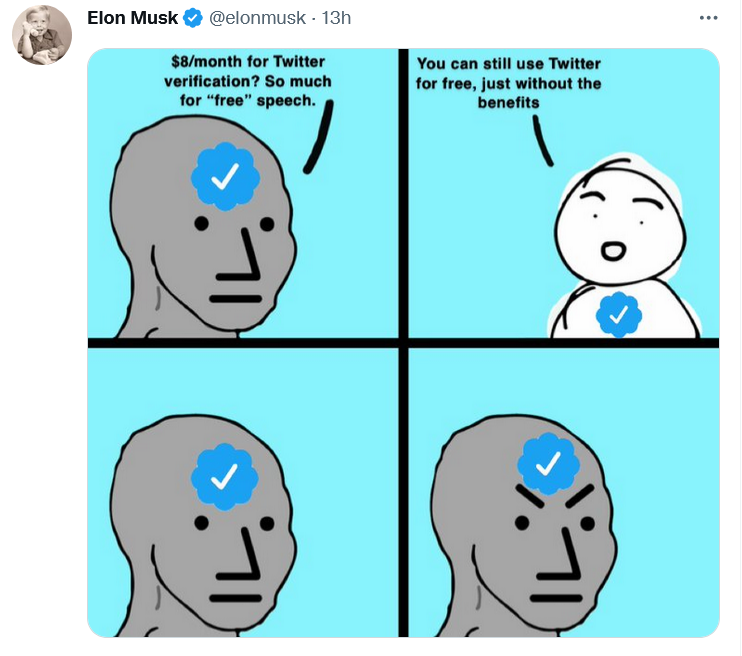 Musk explicou o modelo freemium do Twitter de uma de suas formas favoritas: com um meme