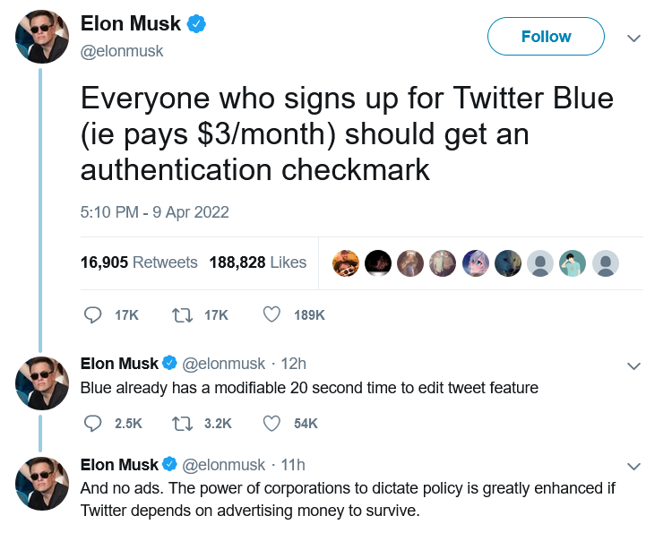 Seis meses antes de se tornar o CEO do Twitter, Musk sugeriu que os anúncios não fossem mostrados para os assinantes do Twitter Blue