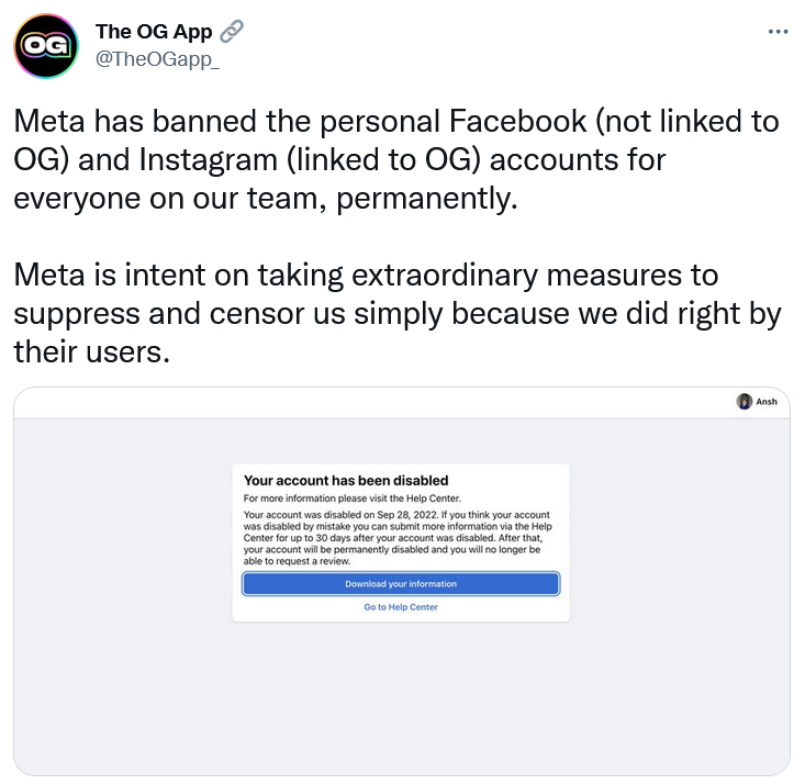 OG 的应用程序开发人员声称，Meta 关闭了他们的个人 Facebook 档案