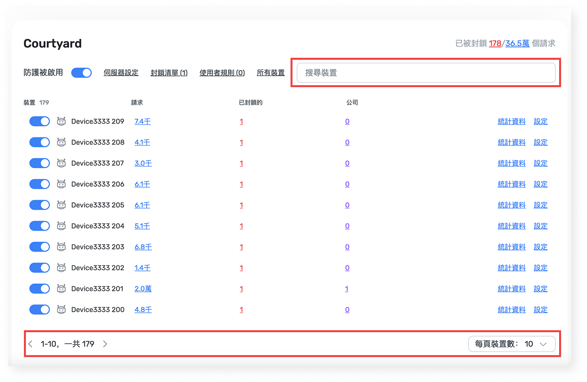 裝置清單:分頁和裝置搜尋