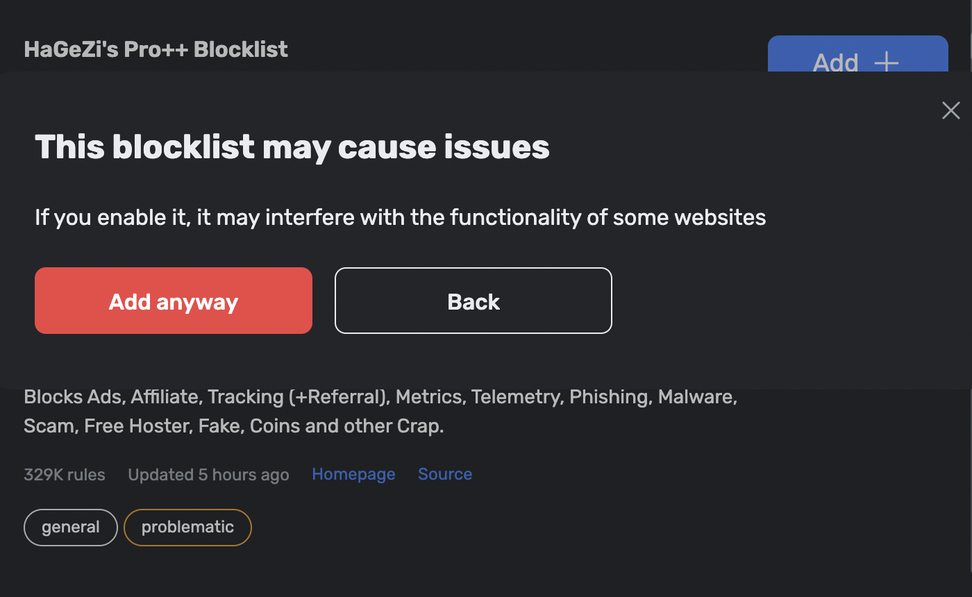 Warning about problematic blocklist