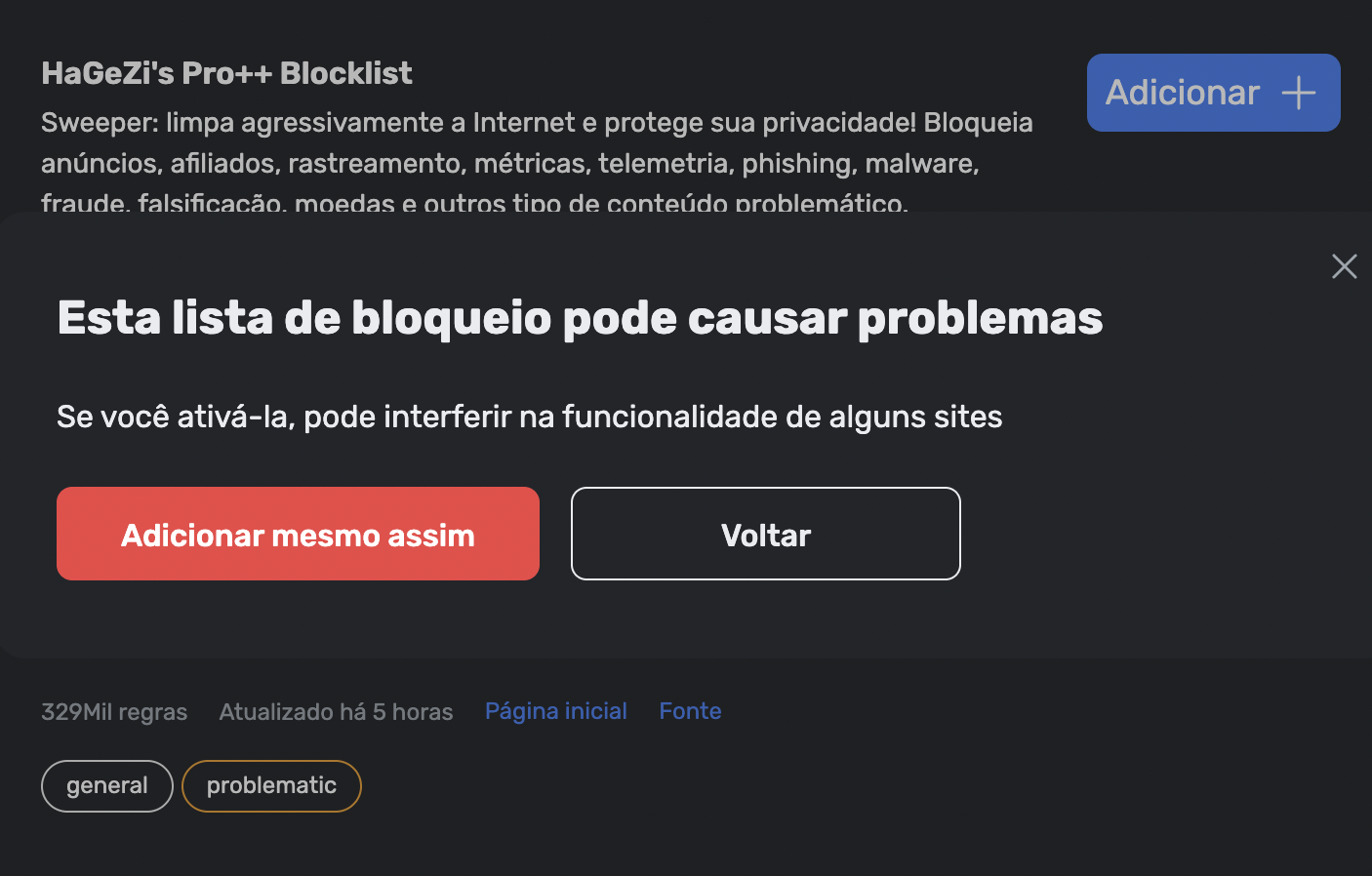 Aviso sobre lista de bloqueio problemática