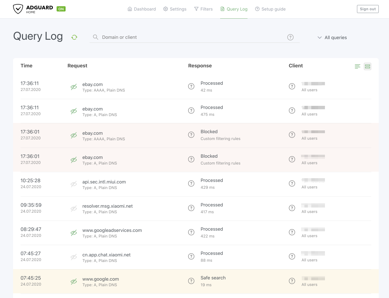 adguard home query log