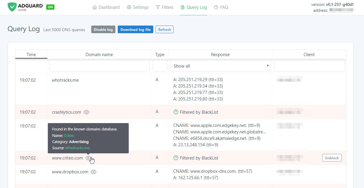 adguard home query log