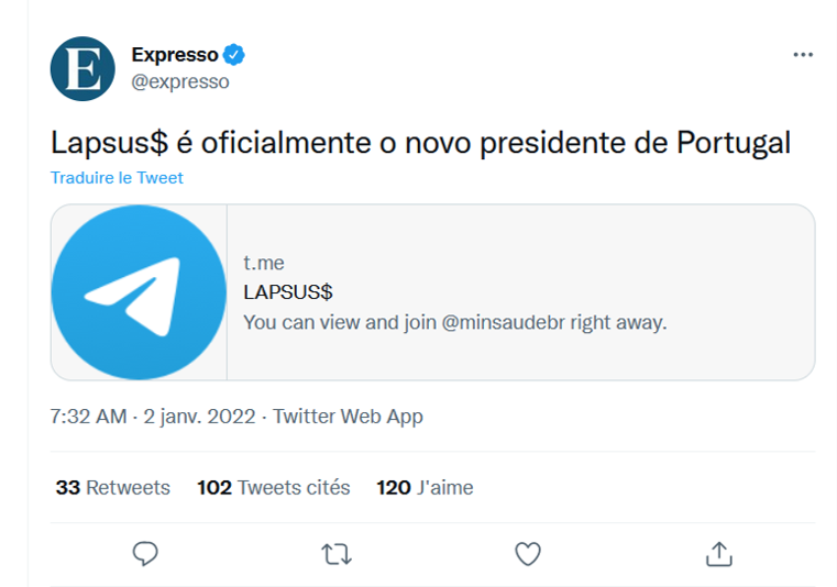 Твит Lapsus$ в газете Expresso
