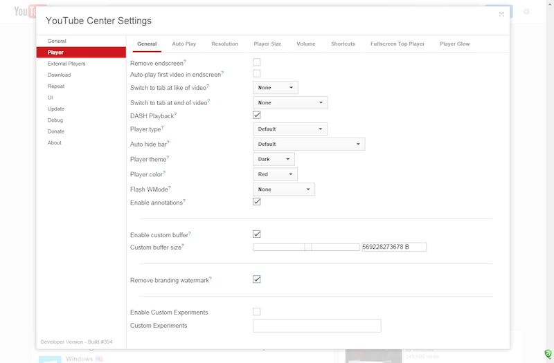 Youtube Center Settings