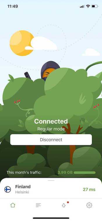 Main screen when VPN is connected
